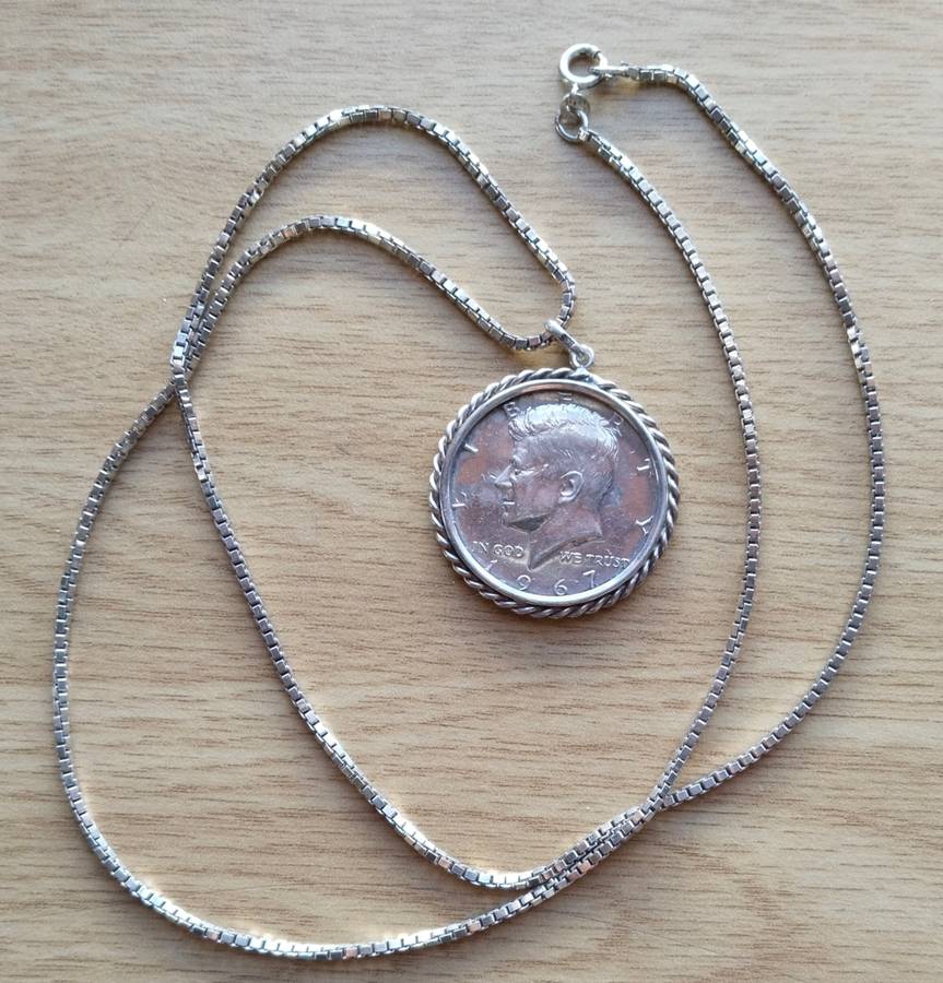 America 1967 Silver Hall Dollar with silver clasp and Chain. Please Read.