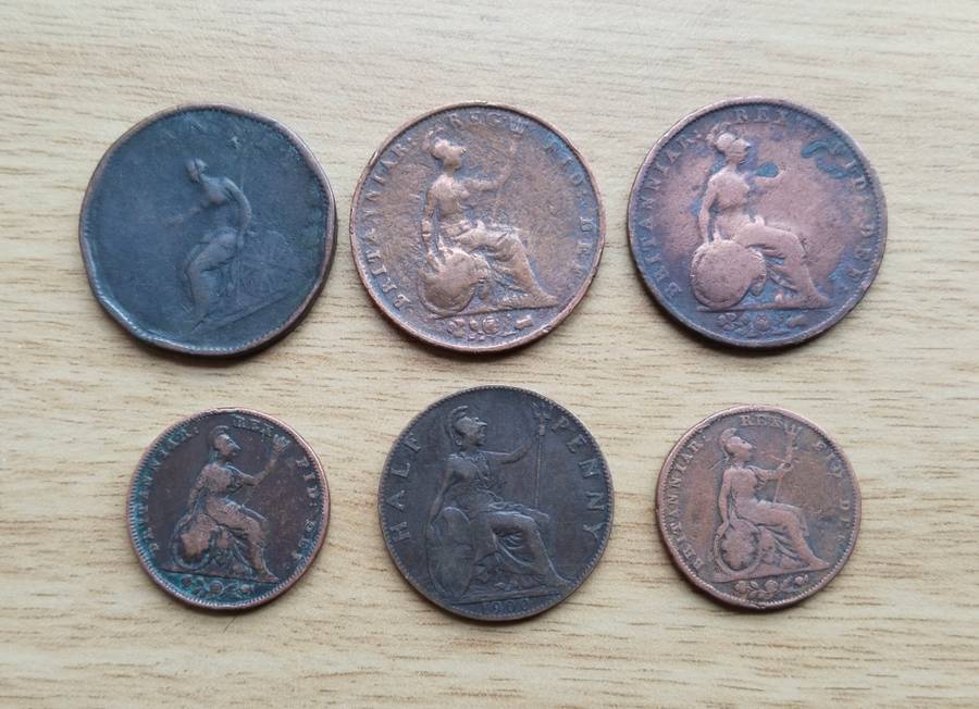 Great Britain collection of 6 old copper coins. Oldest 1806