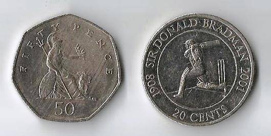 COLLECTABLE  20C SIR DONALD BRADMAN  & 1997 ELIZABETH 50 PENCE COINS