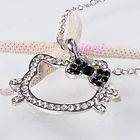 Cute cat Hello Kitty face outline crystal pendant necklace with black bow
