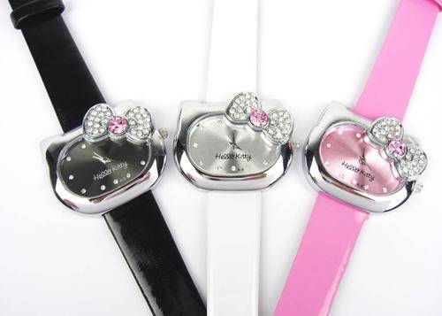White Hello Kitty face shaped watch with crystal bow