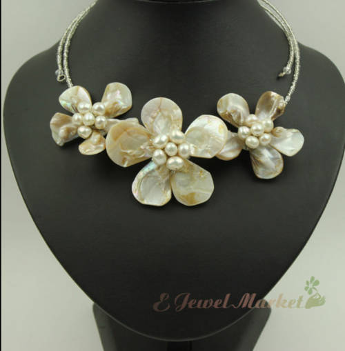 Beautiful Genuine Shell and faux pearl  flower necklace