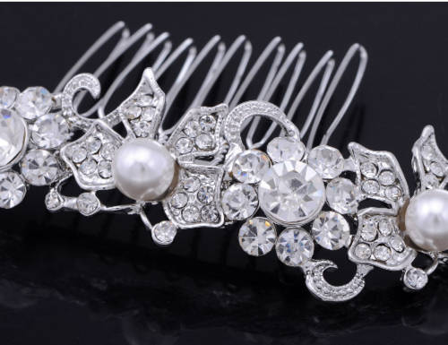 Silver tone genuine rhinestone encrusted faux pearl butterfly fashion hair comb head piece