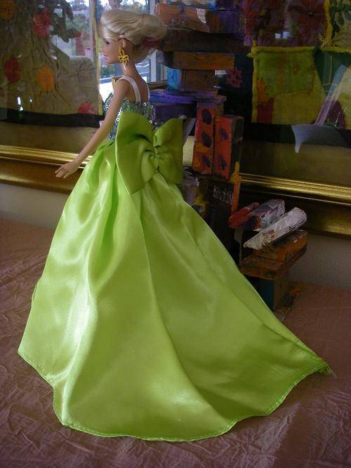 barbie doll sequence green satin formal gown ballgown