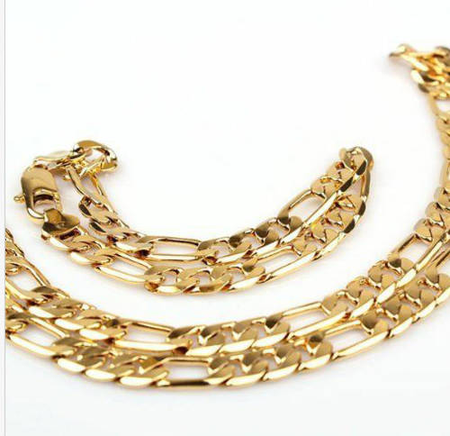 gold filled 24ct men's jewellery bracelet necklace chunky Figaro lobster clasp yellow gold set 60cm thick 10mm