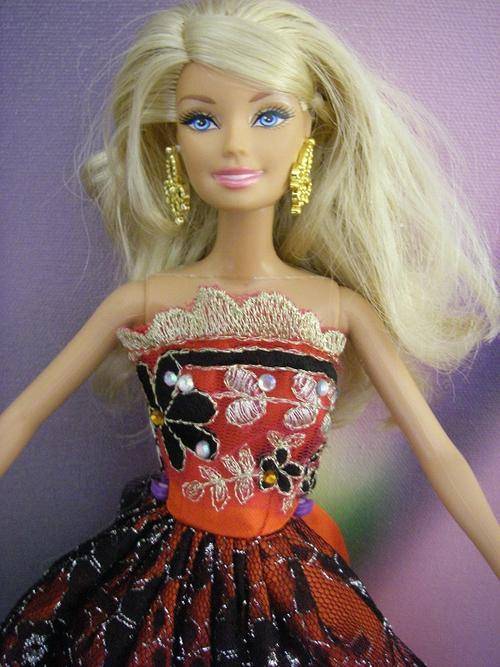 Gorgeous red dress with silver & black lace overlay with embroidered bodice for Barbie sized dolls