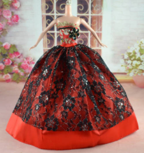 red ball gown designer dress evening formal wear gold barbie steffi fashion accessories clothes clothing tiara shoes