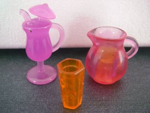 Barbie doll household accessories, jug, glass and cocktail