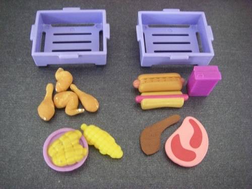 Barbie doll kitchen accessories, baskets and food, mielies, hot dogs, chicken, steak, chop, milk