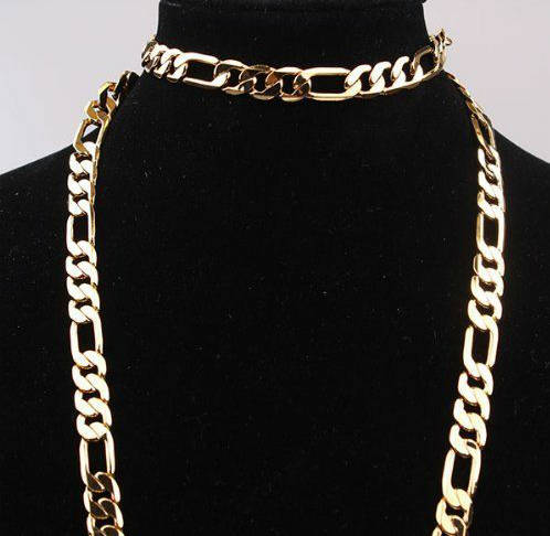 Gold tone fashion CHUNKY FIGARO MEN's CHAIN NECKLACE & BRACELET SET