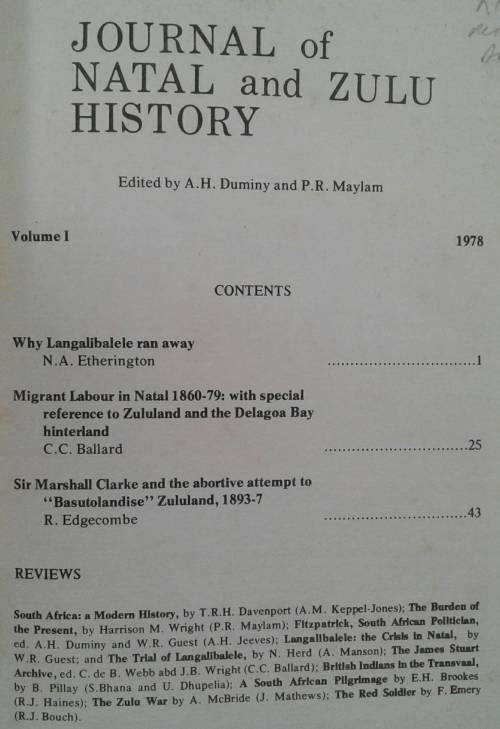 Journal of Natal and Zulu History Volume 1 1978