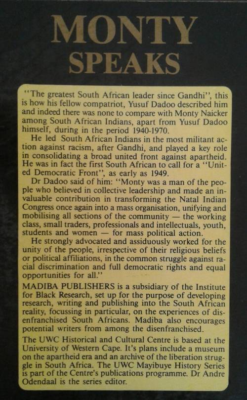 Monty Speaks Speeches of Dr G M Monty Naicker 1945-1963