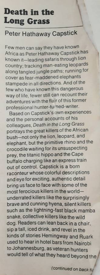 Death in the Long Grass by Peter Hathaway Capstick