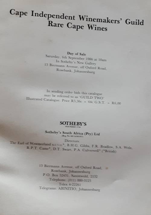 Cape Independent Winemaker`s Guild Rare Cape Wines catalogue Sotherby`s 6th Sept 1986