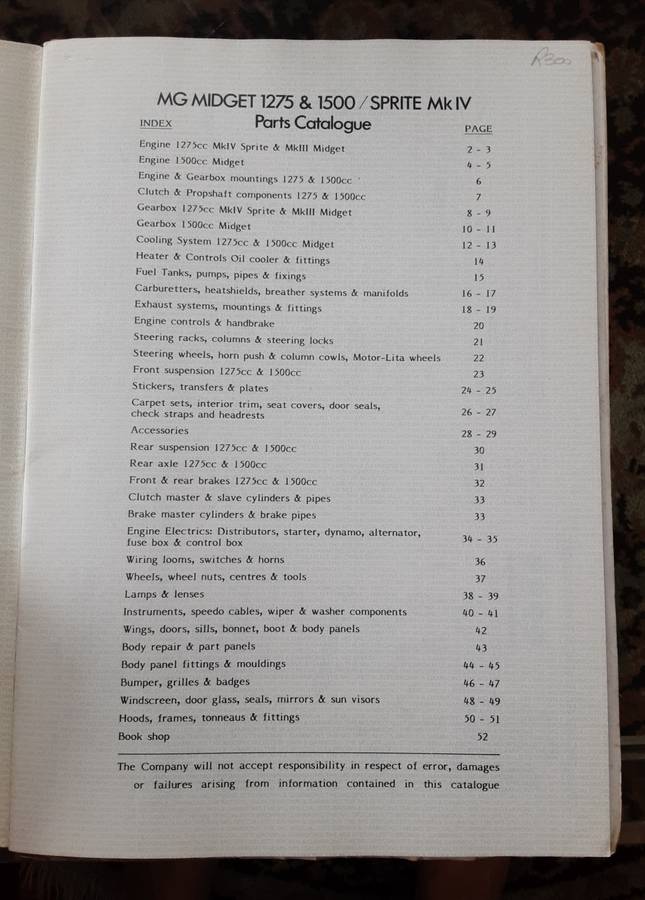 MG Midget 1275 & 1500 Sprite mkIV Parts Catalogue by Brown & Gammons Ltd