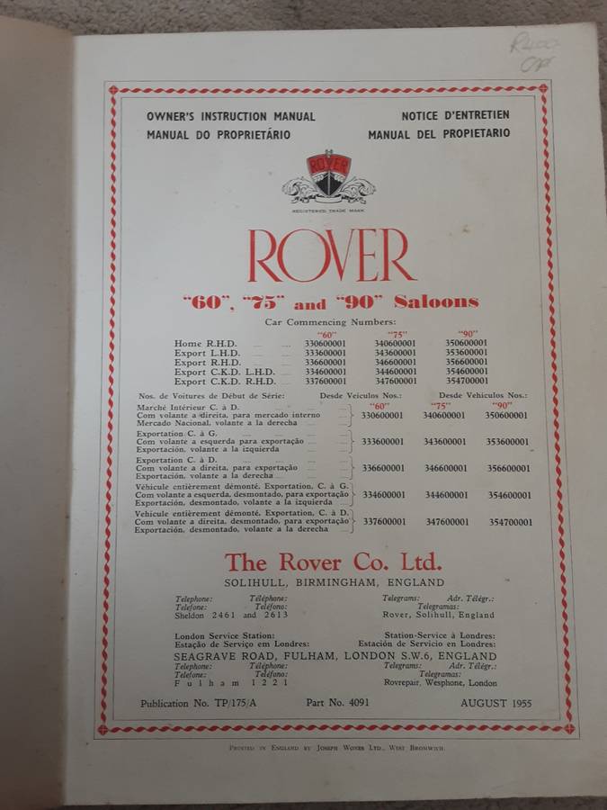 Rover 60 75 90 Saloons Owners Instruction Manual 1955