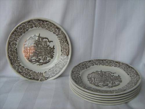 IRONSTONE BROADHURST STAFFORDSHIRE ENGLAND TUDOR VILLAGE SIDE PLATES (X6)