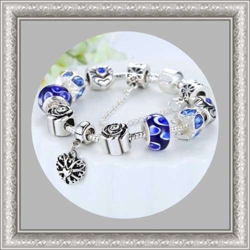 Silver Heart Snake Bracelet, Charms with Safety Chain -  ( Also fit PANDORA Style Bracelet )