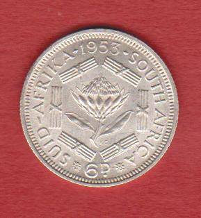 Good Grade SA 1953 Silver SIXPENCE 6d