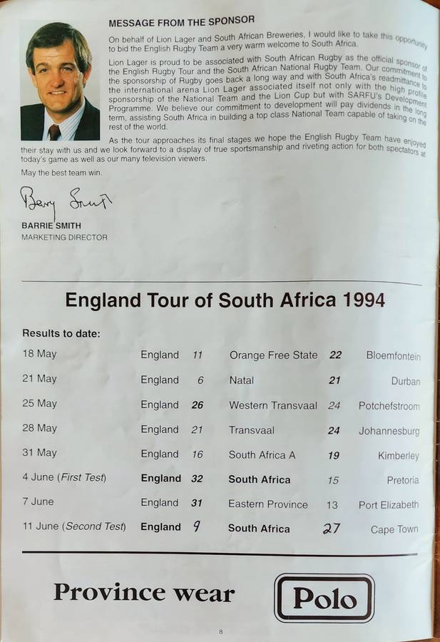South Africa vs England Rugby 1994