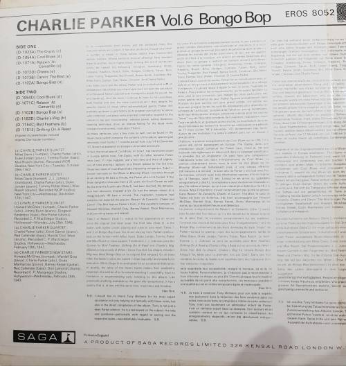 CHARLIE PARKER Vol 6 Bongo Bop (Very Good/Very Good) EROS 8052 UK Pressing 1969