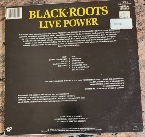 BLACK ROOTS Live Power (Very Good+/Very Good+) Tropical Records TROP 1 SA Pressing 1990 - RARE