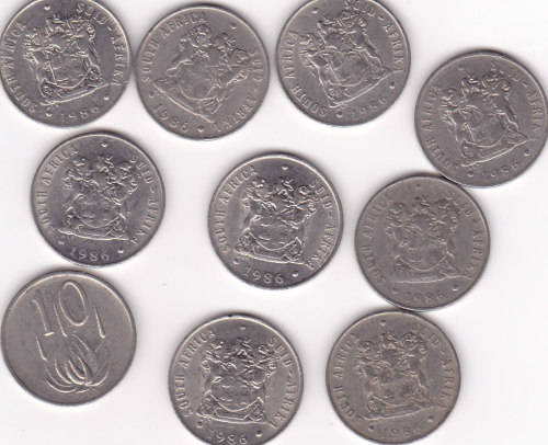 1986 TEN CENTS RSA NICKEL (10 COINS - BID PER COIN)