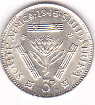 1945 UNION OF SOUTH AFRICA  SILVER THREEPENCE (TICKEY)