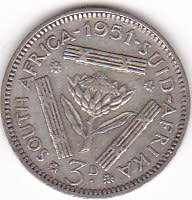 1951 UNION OF SOUTH AFRICA  SILVER THREEPENCE (TICKEY)