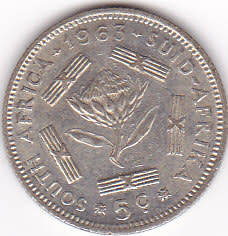 1963 SOUTH AFRICA  FIVE CENTS SILVER