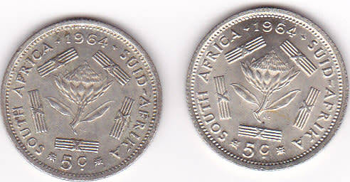1964 SOUTH AFRICA  FIVE CENTS SILVER (2 COINS - BID  IS PER COIN)
