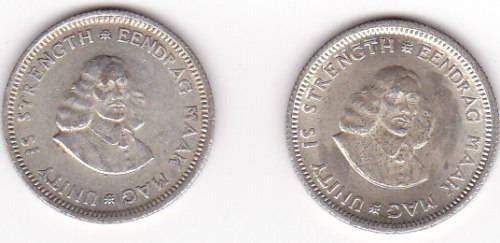 1964 SOUTH AFRICA  FIVE CENTS SILVER (2 COINS - BID  IS PER COIN)