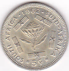 1962 SOUTH AFRICA  FIVE CENTS SILVER