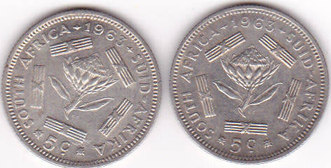 1963 SOUTH AFRICA  FIVE CENTS SILVER (2 COINS ----BID IS PER COIN)