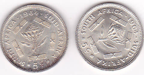 1964 SOUTH AFRICA  FIVE CENTS SILVER ( 2 COINS --- BID IS PER COIN)