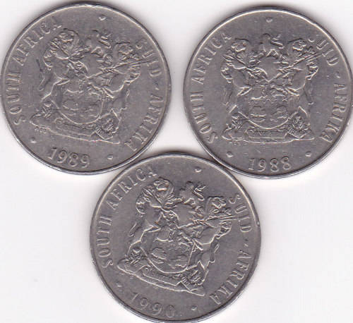 FIFTY CENT (RSA) NICKEL COINS 1988/89/90 - BID PER SET