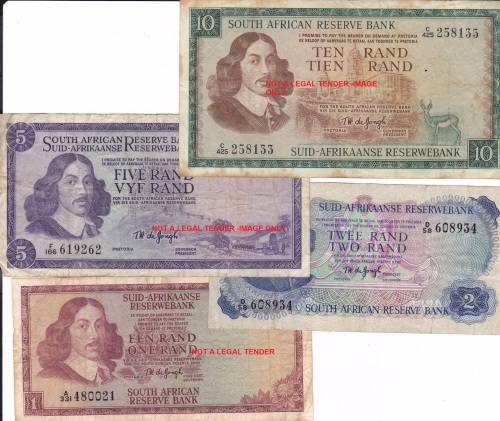 SET OF TW DE JONGH  BANK NOTES 1967--1975(rsa) R10/R5/R2/R1