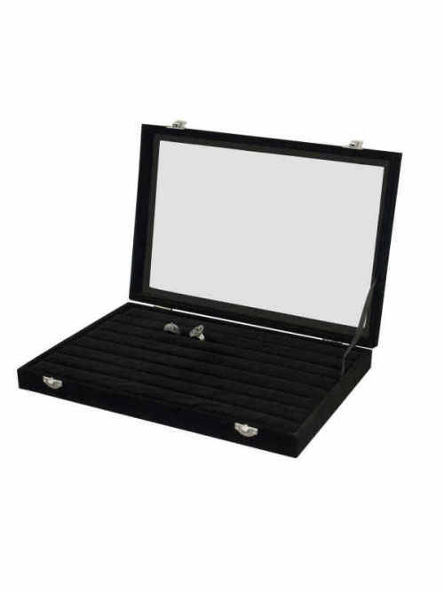 High End Black Velvet Ring Display Case with Lid