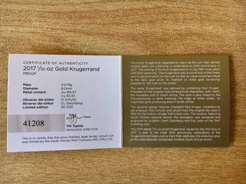 # 2017 FINE GOLD 22 K. 1/50TH Oz. KRUGERRAND 50th ANNIV. SEALED, PRIVY MARK, COA, SA MINT BOXES! @R1