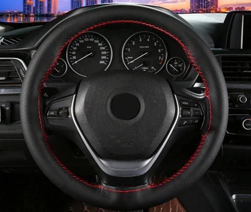 Universal DIY Faux Leather Car Steering Wheel Cover Kit - Black Stitching