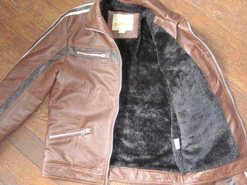 UNISEX ZIP UP BROWN JACKET FAUX LEATHER WITH LININGÃÂÃÂ - M-ÃÂÃÂ LARGE VINTAGE JACKET