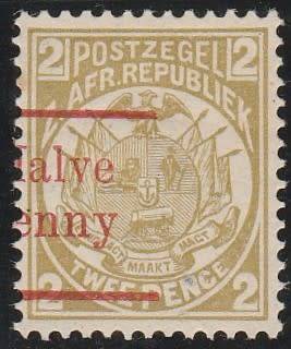 1893 Transvaal 1/2d on 2d Surcharged in red HALVE PENNY  o/p shifted to left SACC 200