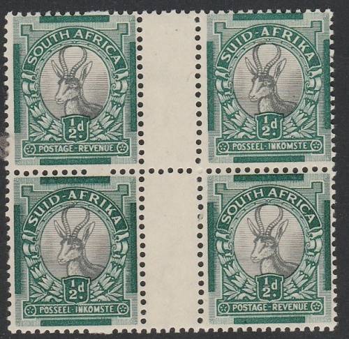 1935 UNION of S A 1/2d coil gutter pair x 2 with 2  missing perf holes MNH SACC  55g CV R4000