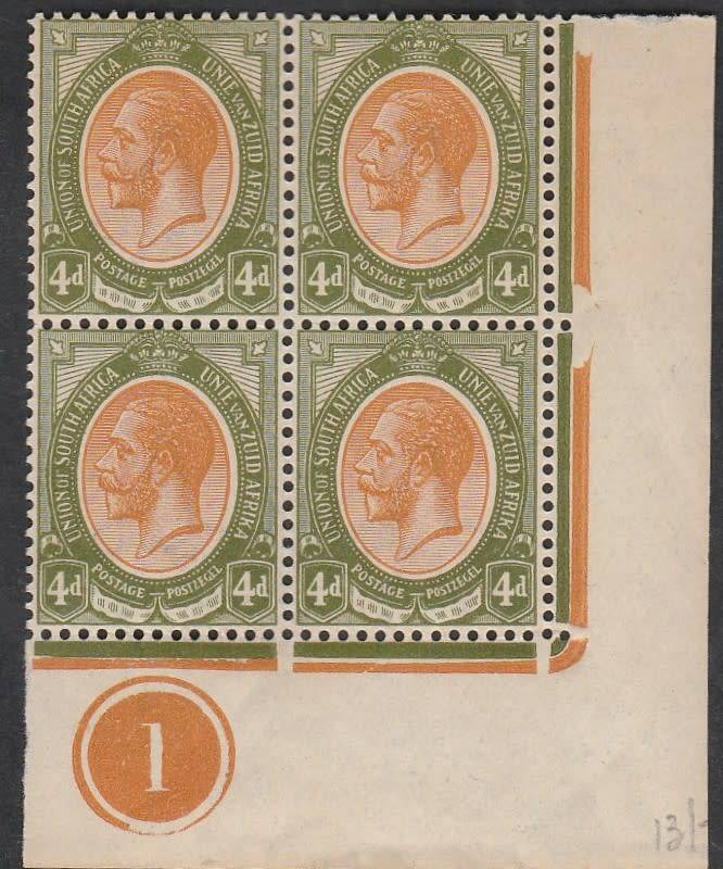 1913 UNION of S A 4d  CONTROL no 1 block of 4 with inverted wmk MNH  SACC  9 C/V R15000  VERY RARE