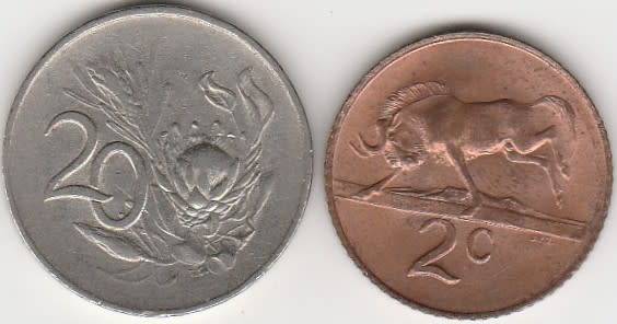 1965 R S A 20centenglish in VF grade , 2 cent in Unc grade