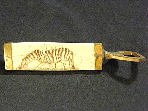 Bone Ivory and Brass Bottle Opener with Zebra done in Shrimshaw - Excellent Condition