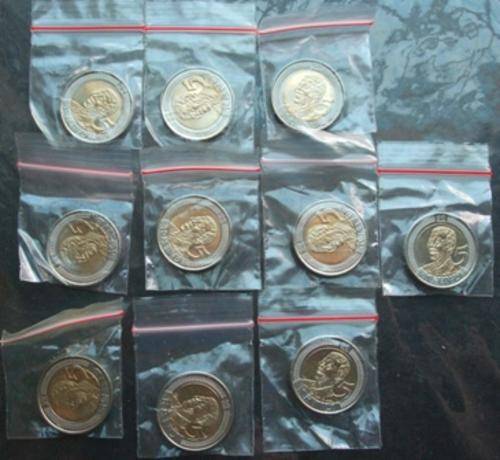 10 ten Mandela 90 Birthday R5 5 rand coins Uncirculated sealed small ziplock bag 1st first week of Issue Grade MS special bi-metal former president Nelson Mandela Nobel peace laureate  smiling wearing  signature patterned shirt face coin Today I am richer than yesterday unveiling celebration celebrating your life currency money south africa black leader silver gold coin collection collect collector edition bulk lot bid buy now must have gift present unbelievable cheap low price bargain crazy R1 one rand special wacky tuesday wednesday friday weekend nelson closing soon rare             