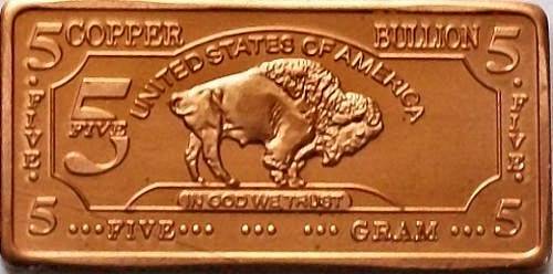5 Gram Fine Copper Bullion Bar .999 Purity Buffalo Series ***NEW***
