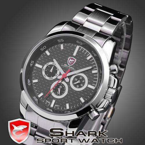 SHARK SPORT MENS QUARTZ SH020 SWISS MOVEMENT 6 HANDS ANALOG CARBONFIBER DIAL STAINLESS STEEL BAND