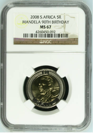 **MS67 ORIGINAL GRADED NELSON MANDELA BIRTHDAY R5 COIN - NEAR PERFECT.  VERY HIGH GRADE! NGC GRADED!
